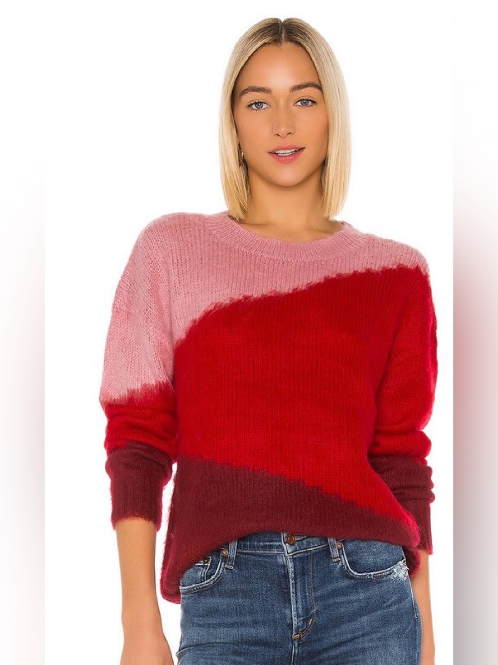 REVOLVE Lovers + Friends Isabel Colorblock Fuzzy Sweater Pink Red Burgundy M
